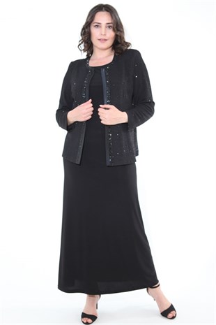 Büyük Beden 3306 Siyah Abiye Ceket+Elbise Takım