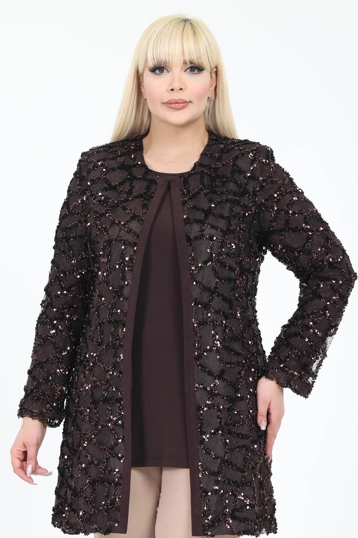 Büyük Beden 4059 Kahve Ceket+Bluz Takım