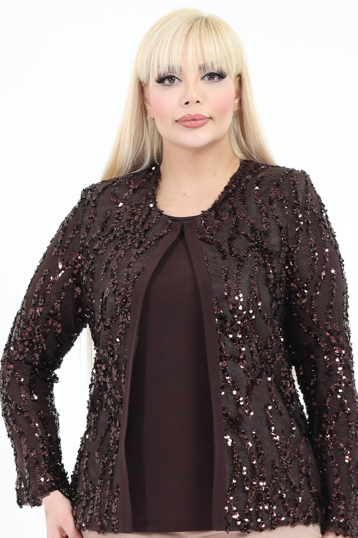 Büyük Beden 4060 Kahve Ceket+Bluz Takım