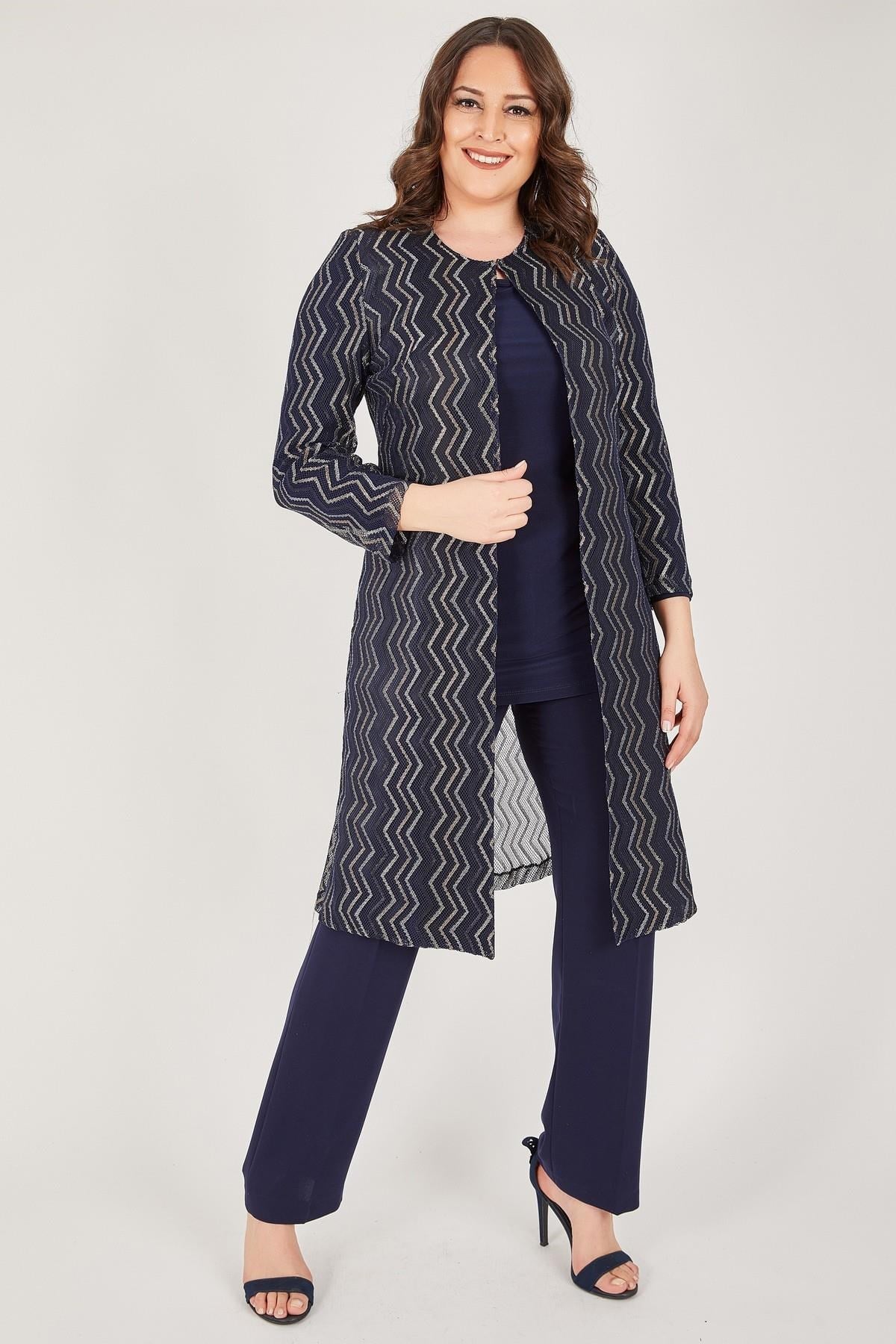 LADIES FIRST Büyük Beden 3152 Lacivert Ceket+bady İkili Takım