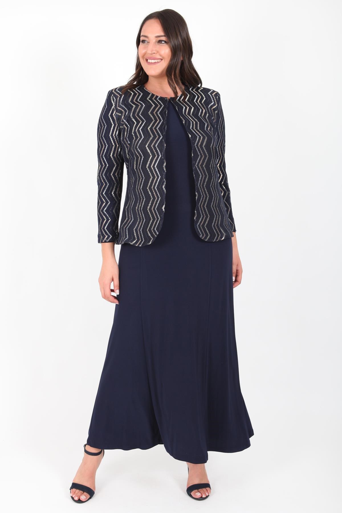 LADIES FIRST Büyük Beden 3153 Lacivert Ceket+elbise İkili Takım