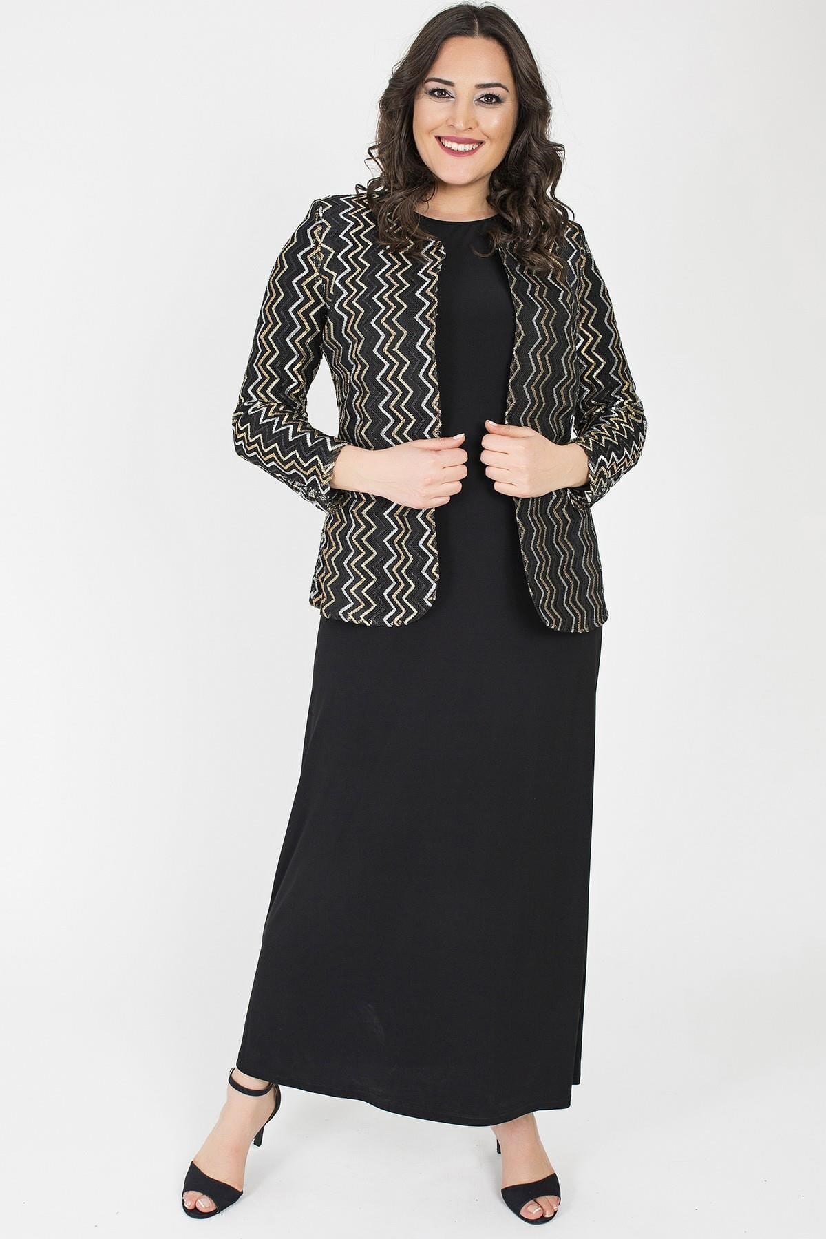 LADIES FIRST Büyük Beden 3153 Siyah Ceket+elbise İkili Takım