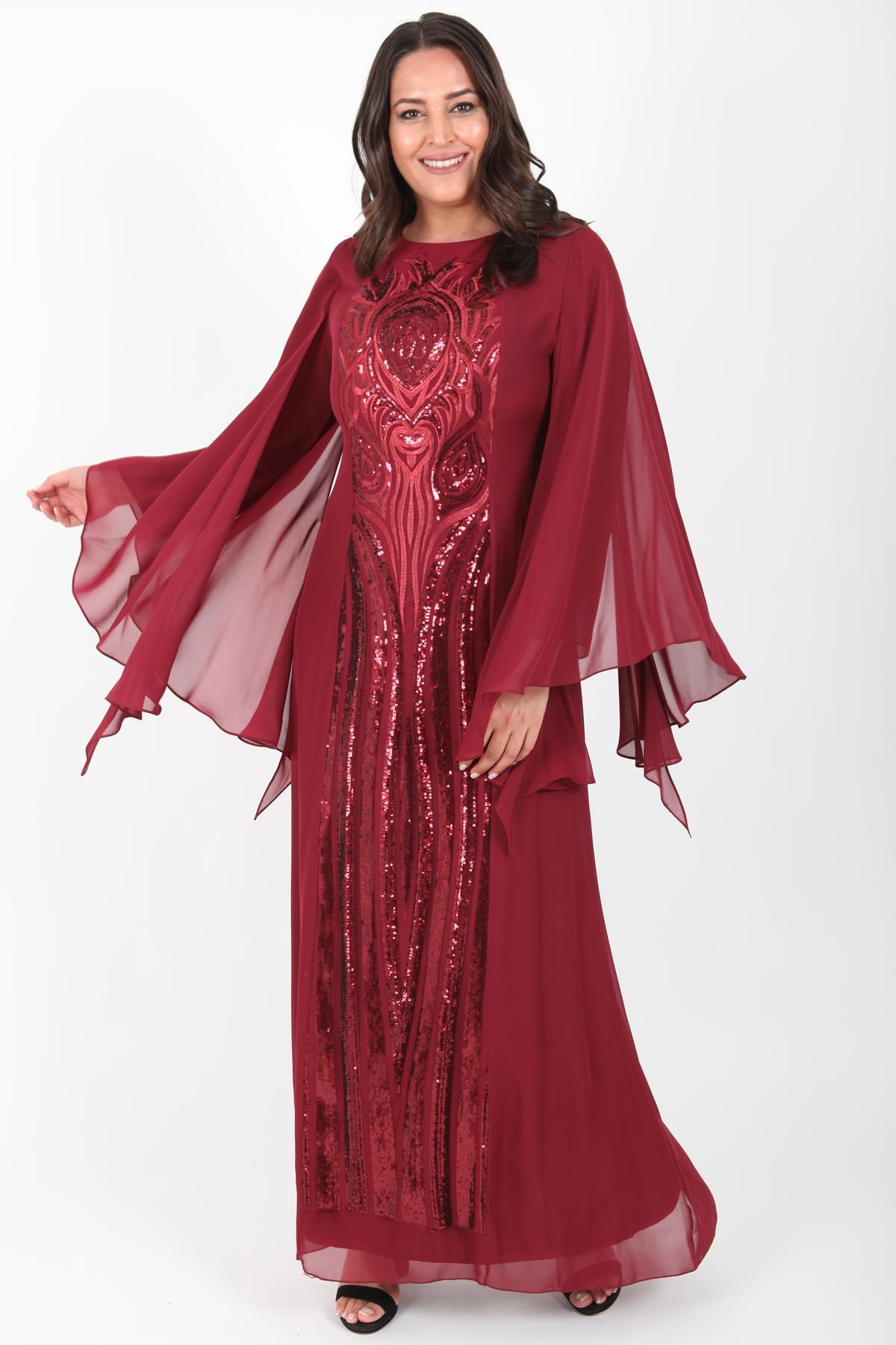 LADIES FIRST Büyük Beden 3160 Bordo Uzun Abiye Elbise