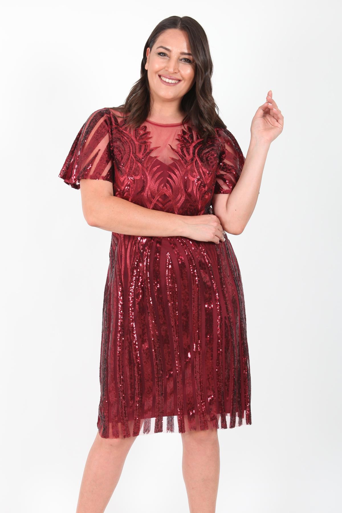 Büyük Beden 3253 Bordo Ara Boy Abiye Elbise