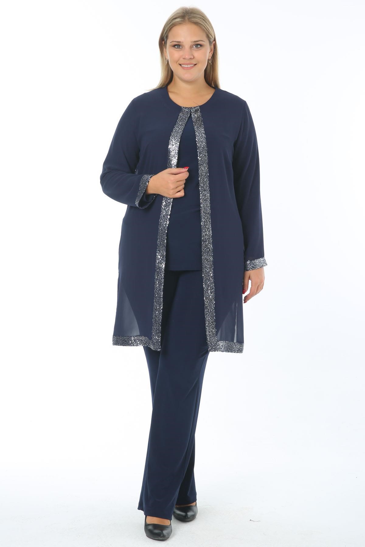 Büyük Beden 3552 Lacivert Ceket+Bluz+Pantolon Üçlü Takım