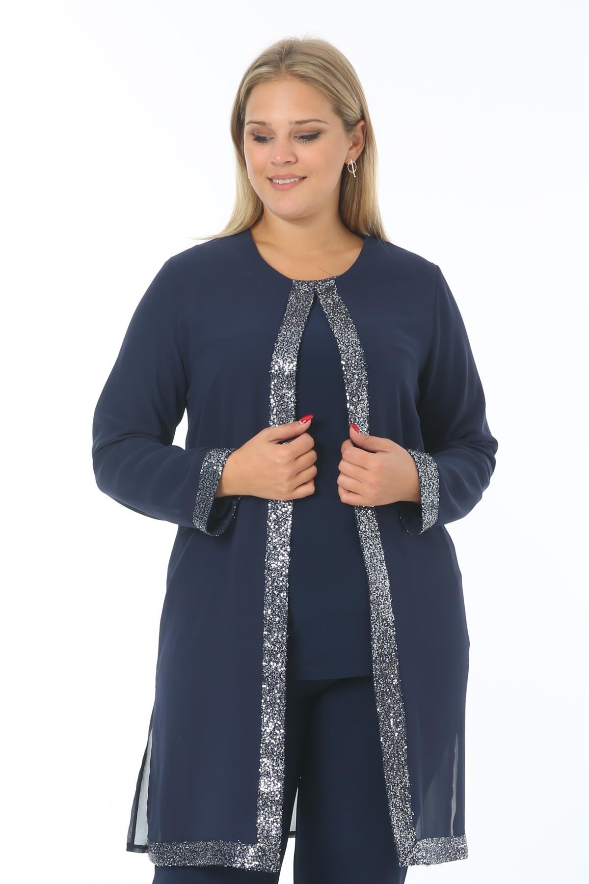 Büyük Beden 3717 Lacivert Gümüş Ceket+Bluz İkili Takım