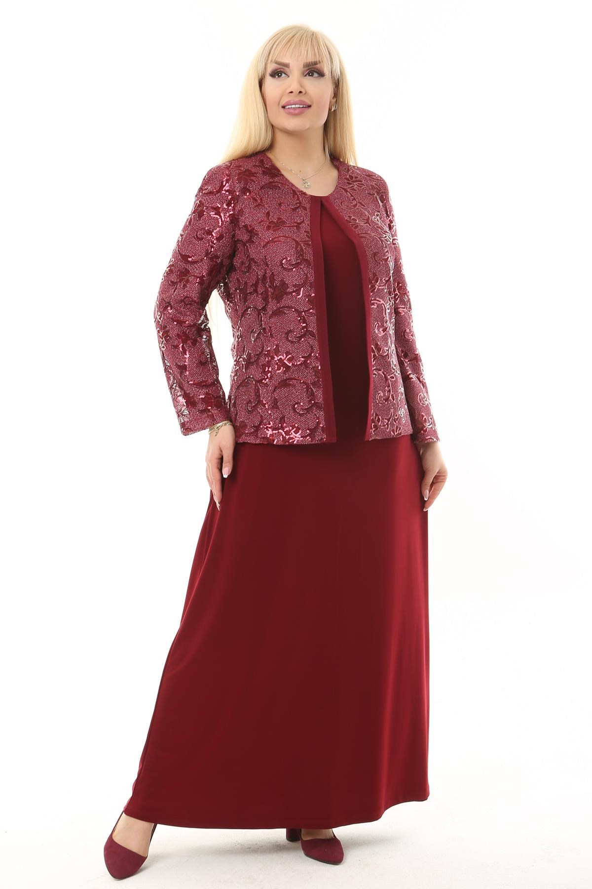 Büyük Beden 3721 Bordo Ceket+Elbise Takım