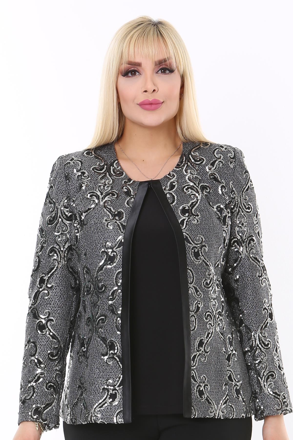Büyük Beden 3724 Siyah-Gümüş Ceket+Bluz Takım