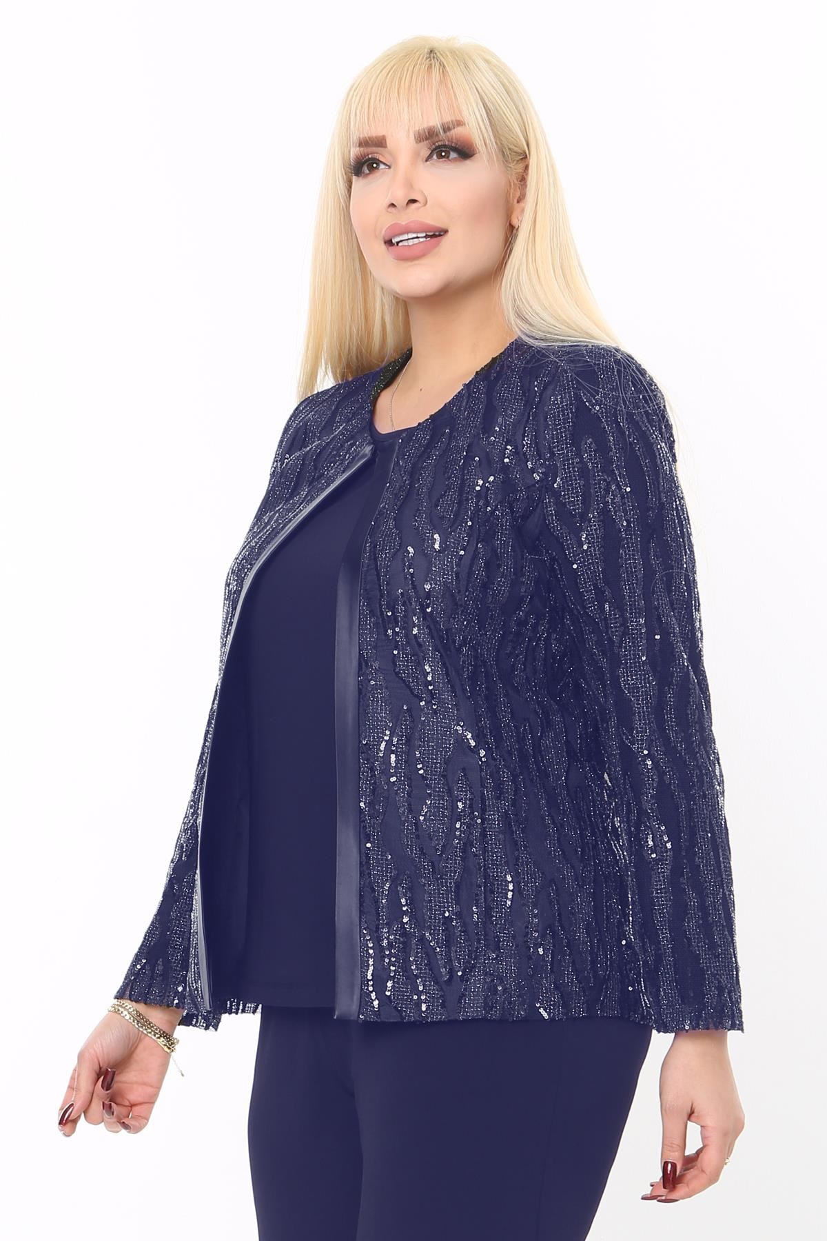 Büyük Beden 3771 Lacivert Ceket+Bluz Takım