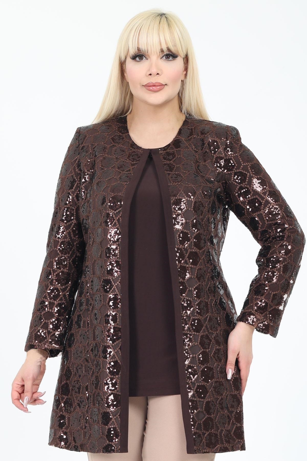 Büyük Beden 3924 Kahve Ceket+Bluz Takım