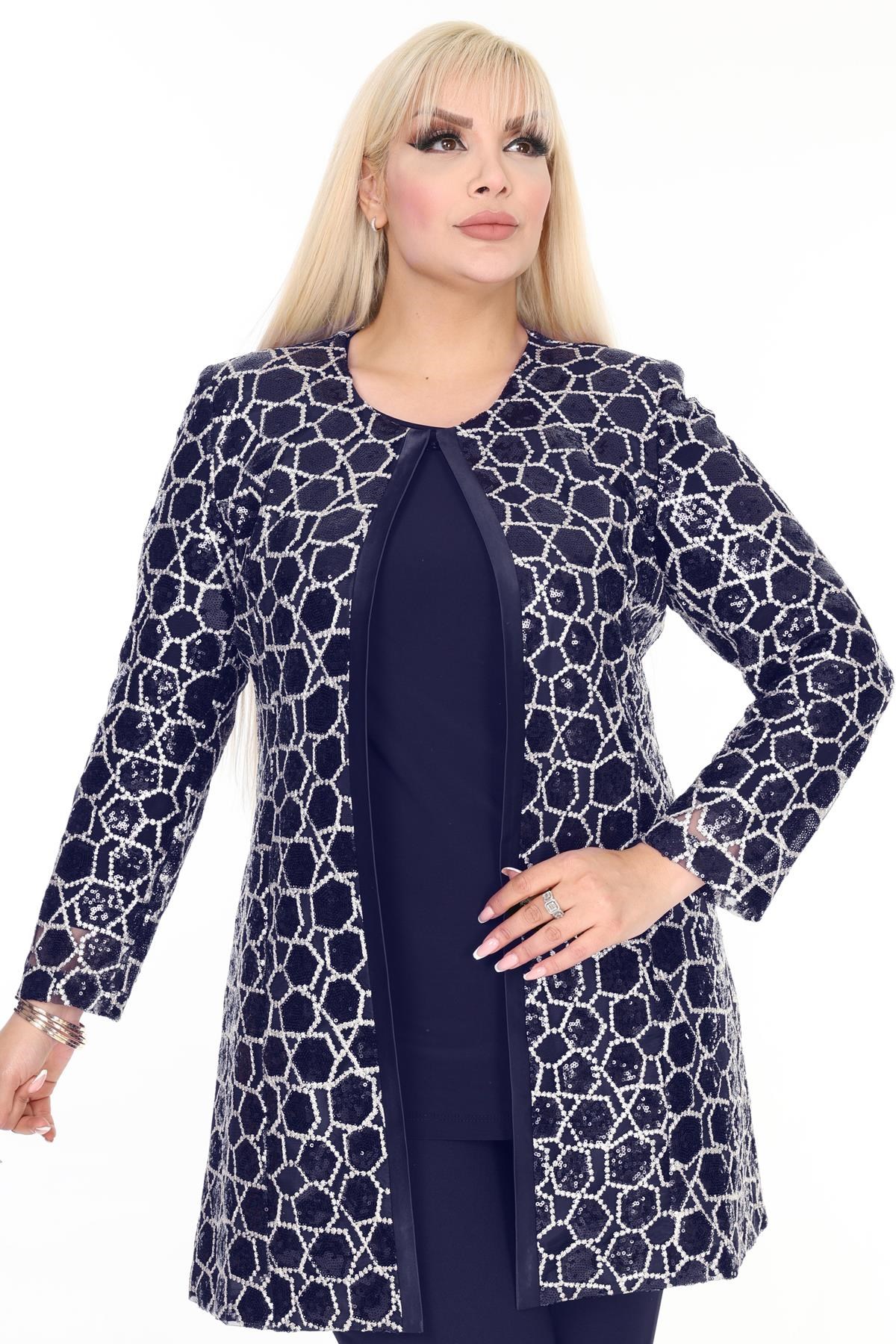 Büyük Beden 3924 Lacivert Ceket+Bluz Takım