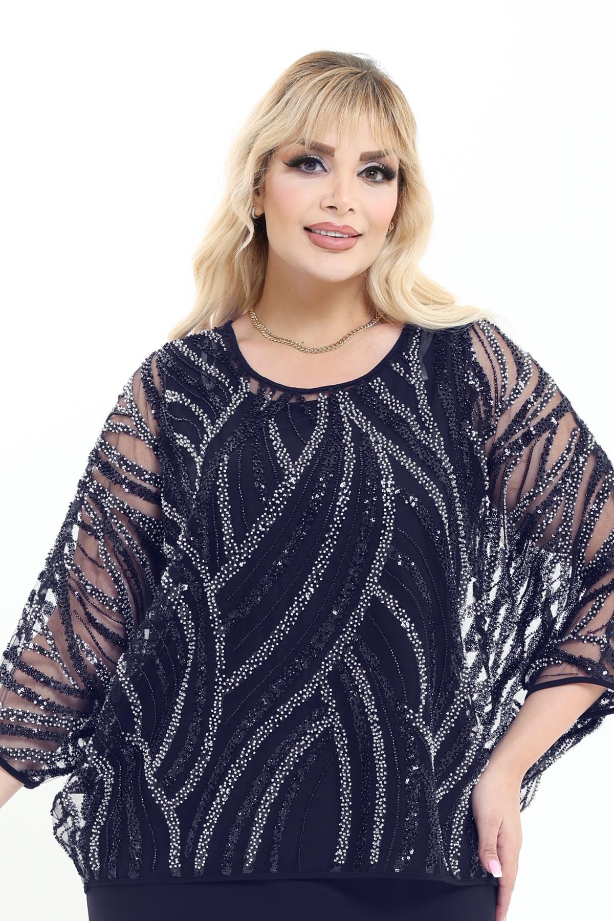  Büyük Beden 4003 Lacivert Bluz+Bady İkili Takım