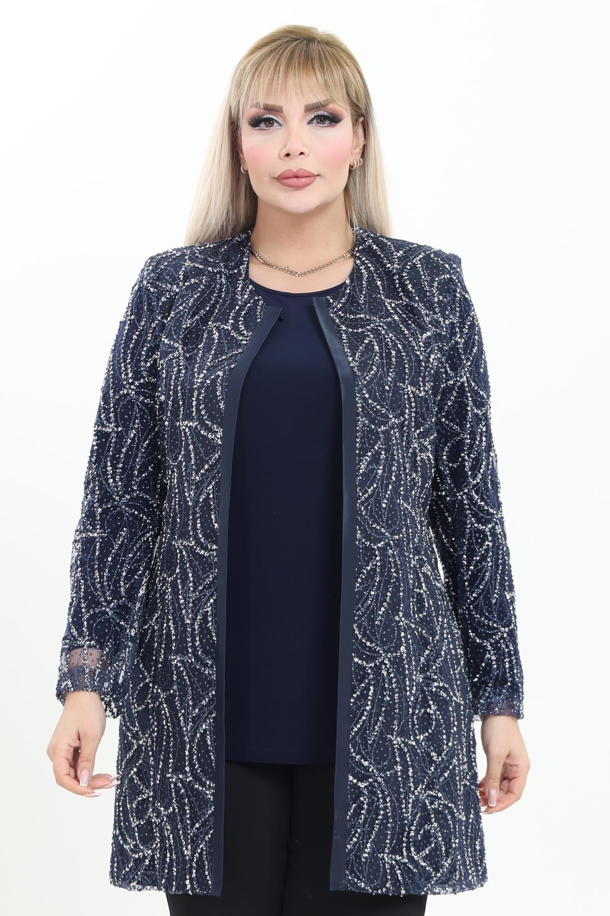Büyük Beden 4021 Lacivert Ceket+Bluz Takım