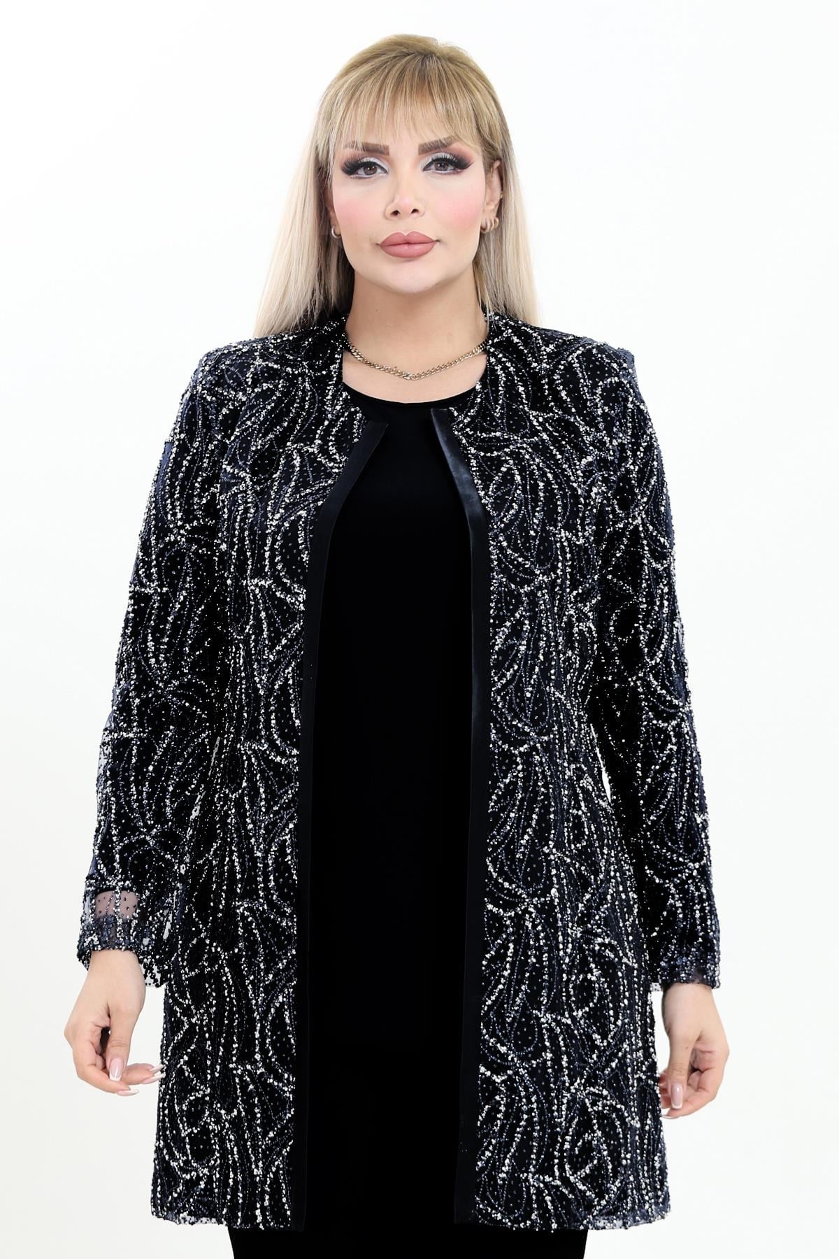 Büyük Beden 4021 Siyah Gümüş Ceket+Bluz Takım