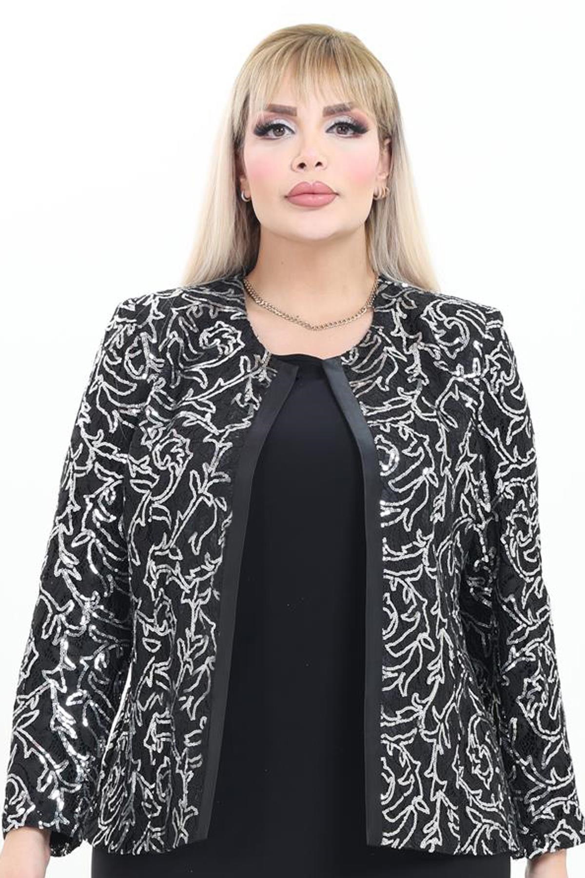 Büyük Beden 4026 Siyah-Gümüş Ceket+Bluz Takım