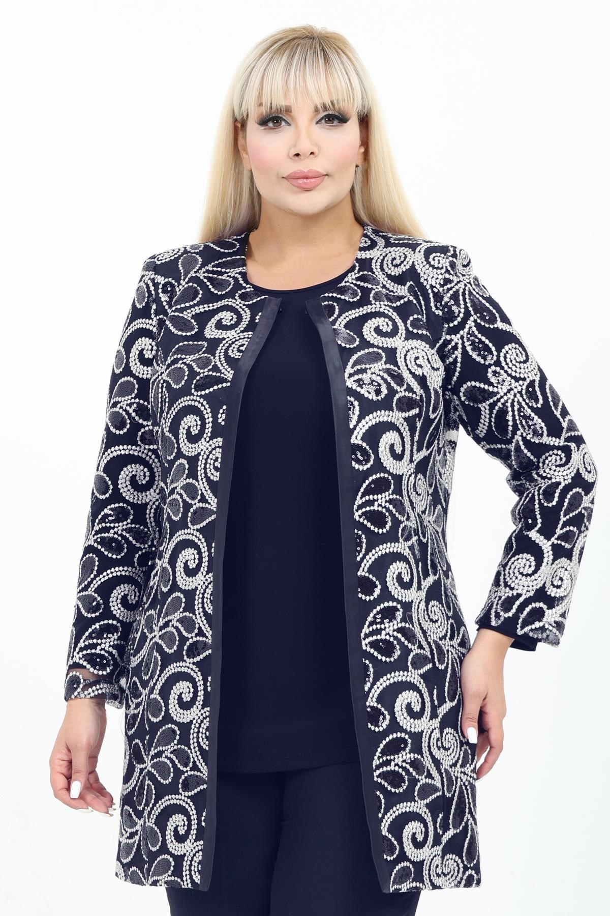 Büyük Beden 4074 Lacivert Ceket+Bluz Takım