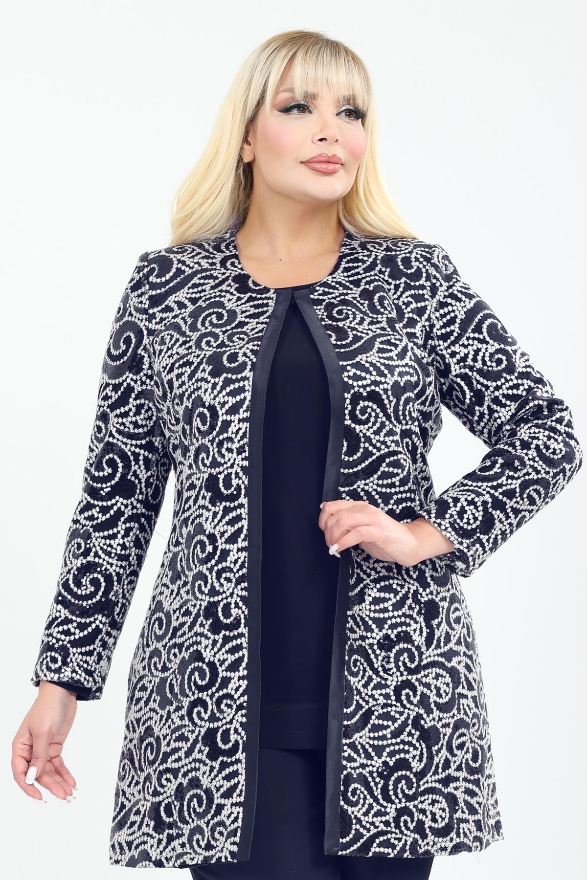 Büyük Beden 4087 Lacivert Ceket+Bluz Abiye Takım
