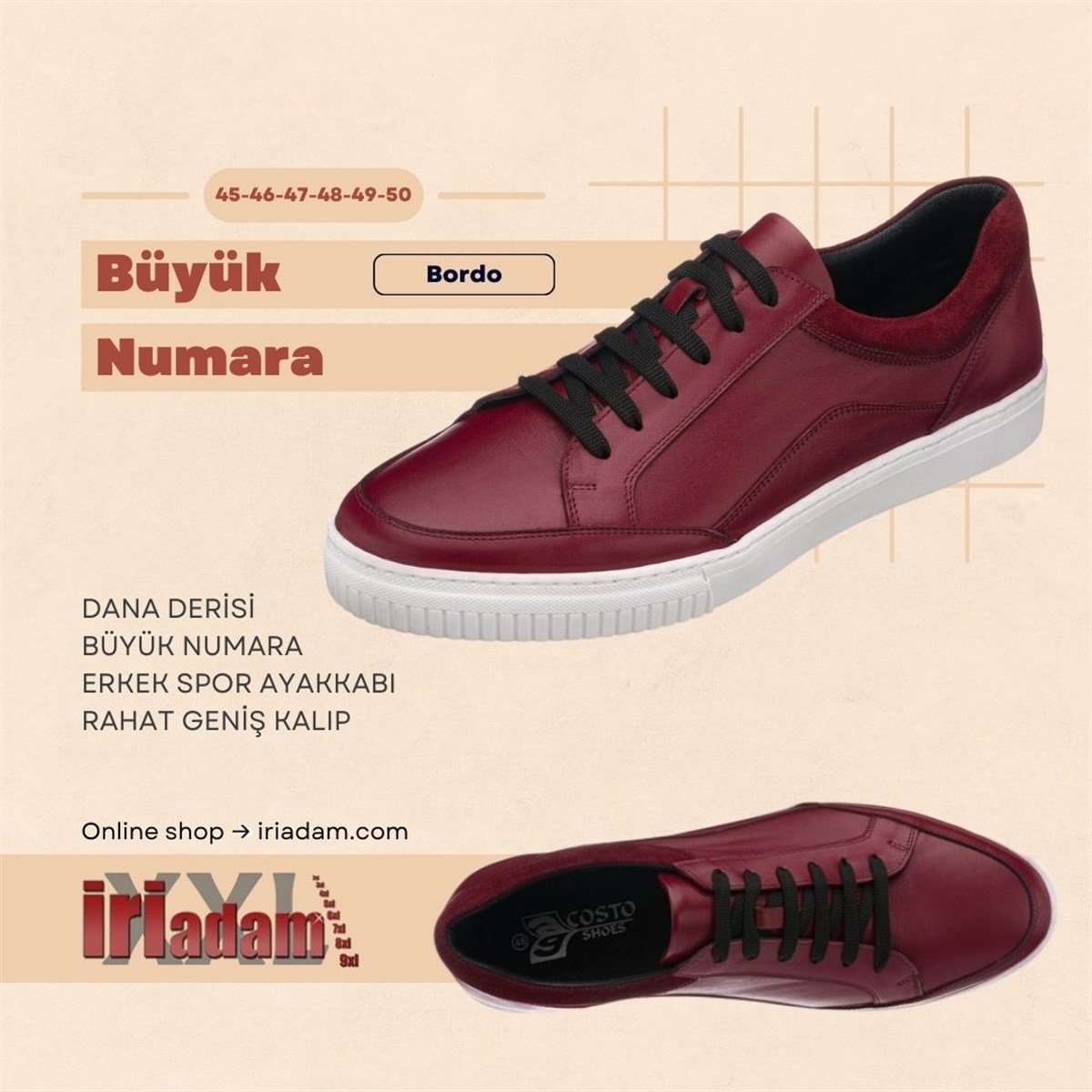 Bordo Deri102, iriadam, 45 46 47 48 49 50 numara erkek spor deri ayakkabı, spor ayakkabı, büyük numara erkek spor, büyük beden geniş kalıp kaliteli deri spor ayakkabı, uygun fiyat