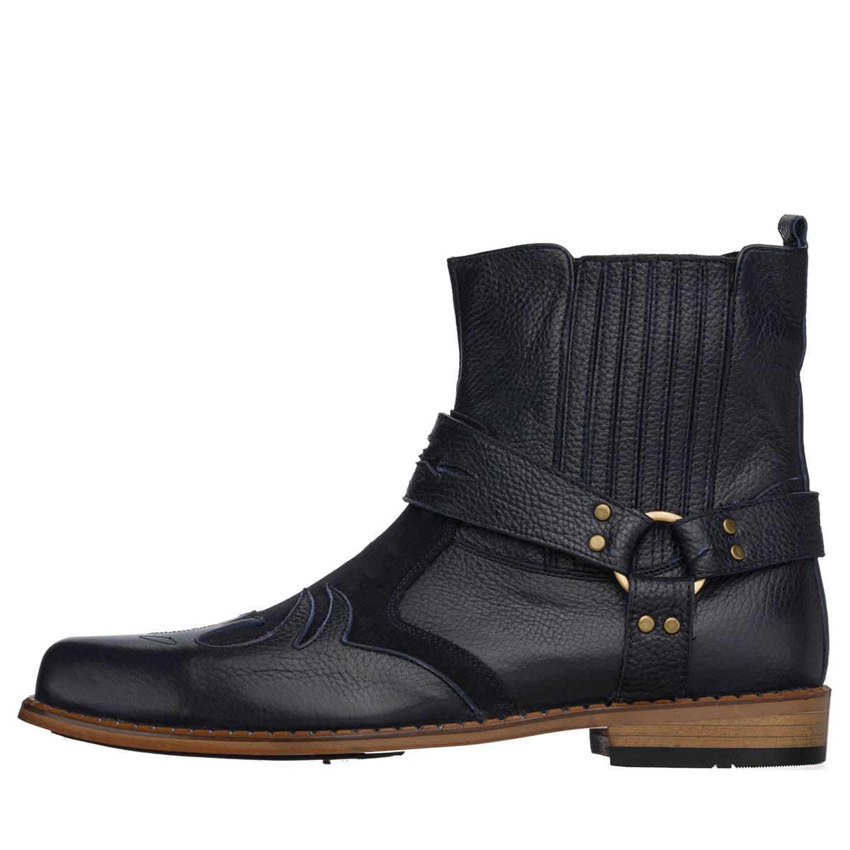 Lacivert Deri Kovboy1, 45 46 47 48 49 50 numara erkek bot, deri kışlık ve su geçirmez büyük numara erkek bot, İriadam geniş kalıp kaliteli bot modelleri, uygun fiyat