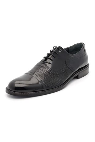 CRS CarissaKlasik Modeller9011 Siyah Timsah Baskılı Rugan Büyük Numara Erkek Ayakkabı