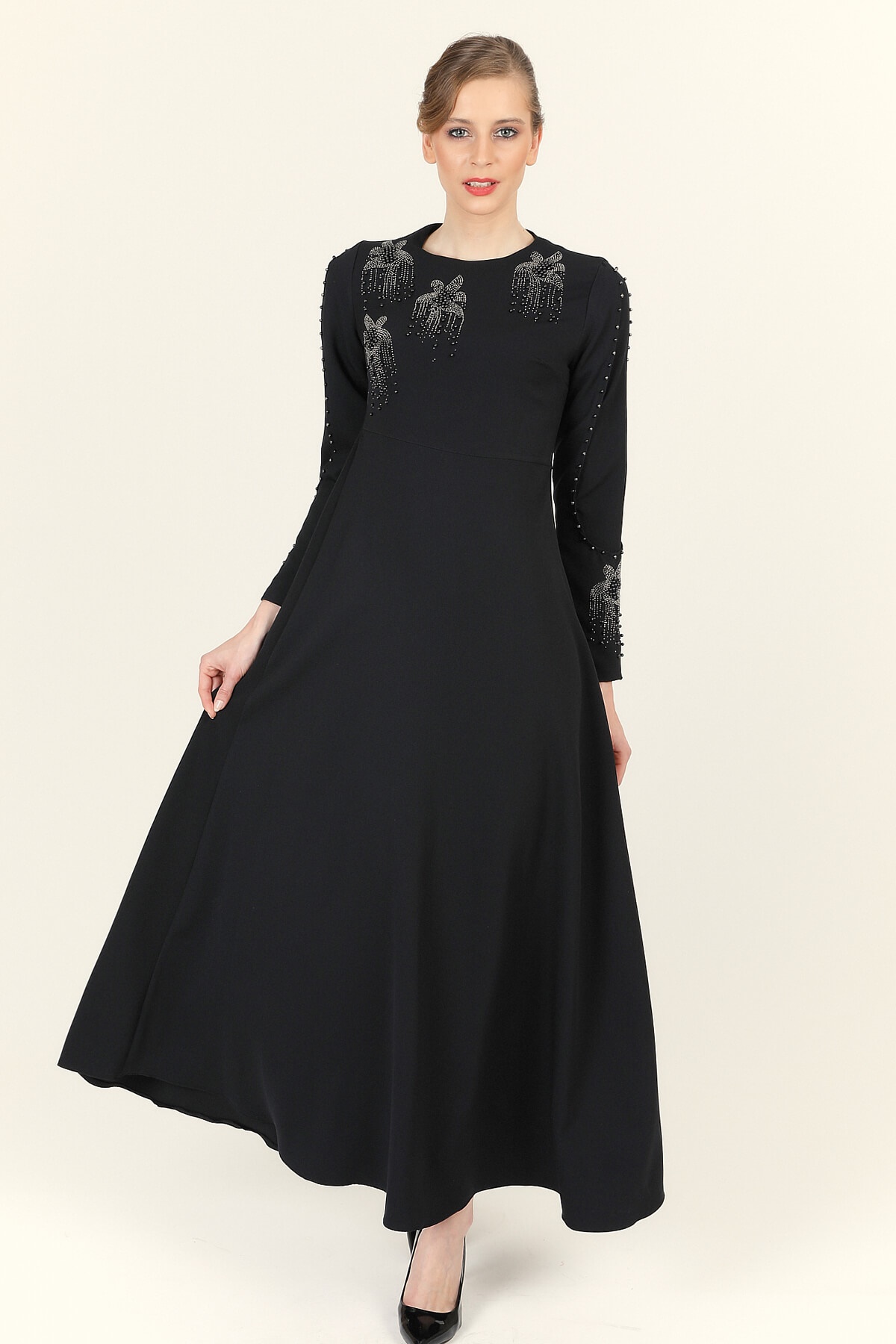 Boncuk Taş İşlemeli Elbise - Siyah - Tesettür Elbise