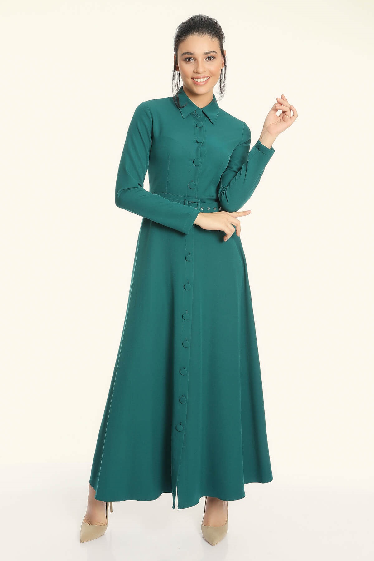 Kemerli A Kesim Elbise - Yeşil - MH | ملابس | Elifcem.com