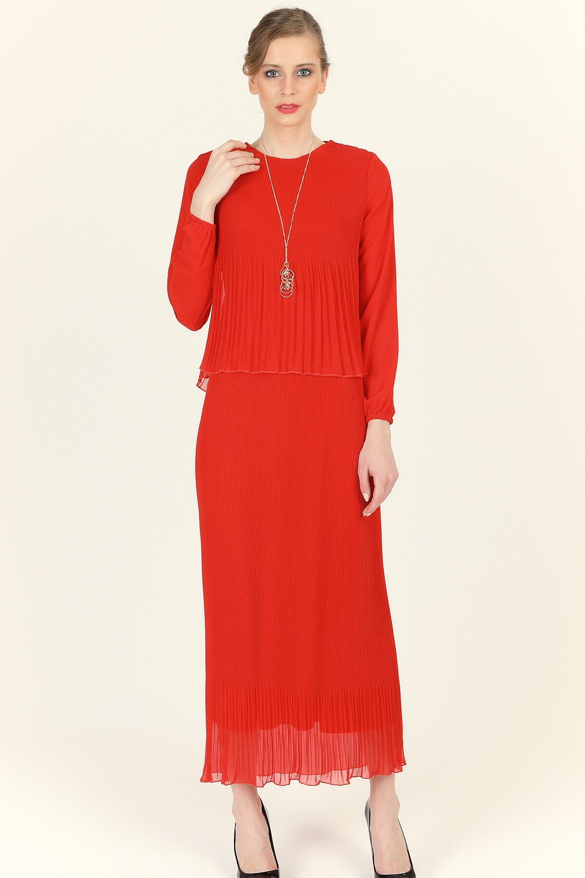 Pileli Şifon Elbise - Kırmızı - Hürrem - Hijab Elifcem.com