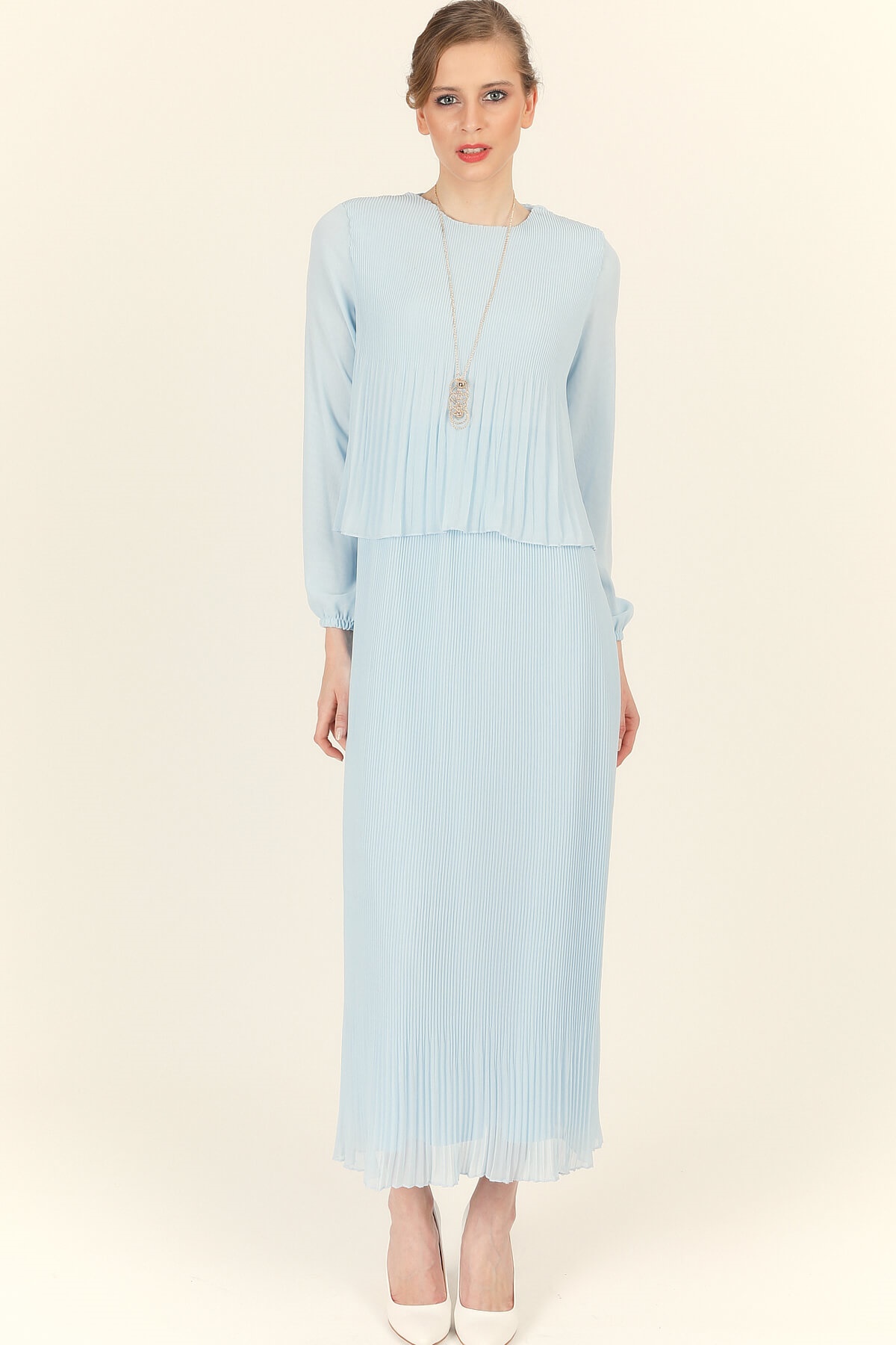 Pileli Şifon Elbise - Mavi - Hürrem | ملابس | Elifcem.com