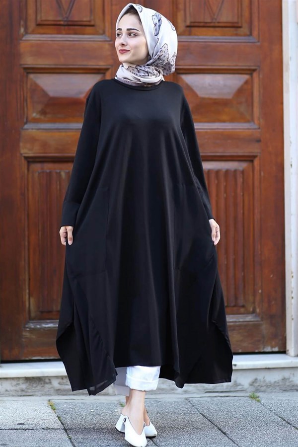 Salaş Kesim Pamuklu Tesettür Elbise - Siyah - Aquami - Hijab Elifcem.com