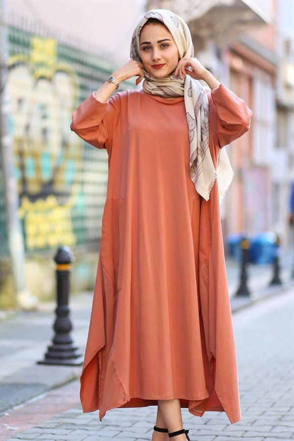Salaş Kesim Pamuklu Tesettür Elbise - Tarçın - Aquami | Hijab-Kleidung  Elifcem