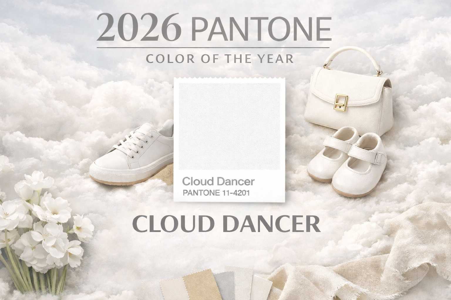 Pantone Cloud Dancer rengiyle öne çıkan açık tonlu bebek ve çocuk ayakkabıları