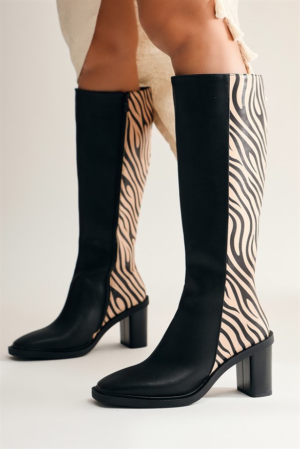 Kesia Siyah Zebra Detaylı Çizme