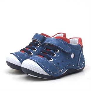 Mavi Hakiki Deri Ortopedik Cırtlı Yazlık Erkek Bebek Spor Ayakkabı-Patik