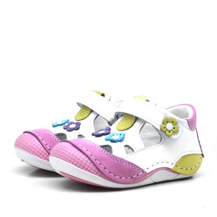 Pembe Hakiki Deri Ortopedik Cırtlı Yazlık Kız Bebek Ayakkabı-Patik