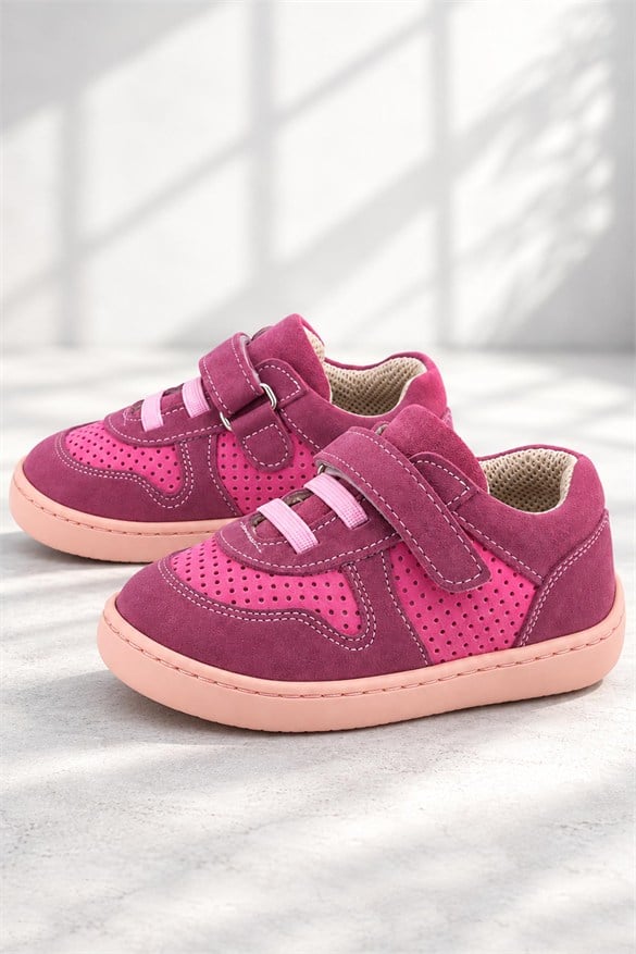 Rakerplus Bob Hakiki Deri Barefoot Cırtlı Lastikli Pembe Kız Bebek Sneakers Ayakkabı
