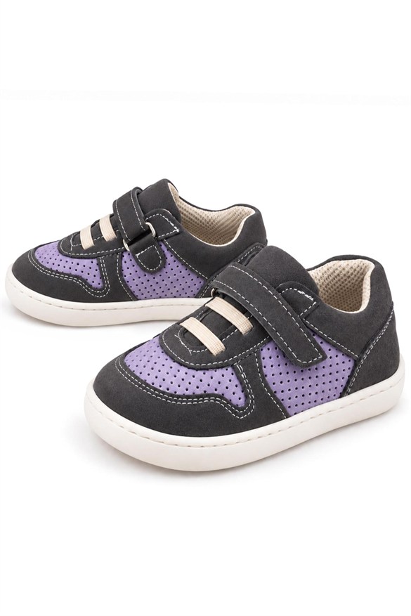 Rakerplus Bob Hakiki Deri Gri Mor Barefoot Cırtlı Lastikli Bebek Sneaker Ayakkabı