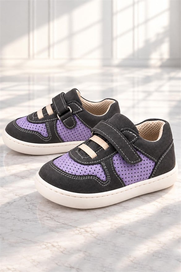 Rakerplus Bob Hakiki Deri Gri Mor Barefoot Cırtlı Lastikli Bebek Sneaker Ayakkabı