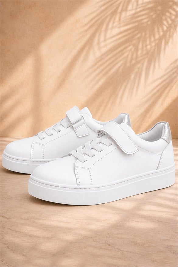 Rakerplus Hakiki Deri Beyaz Cırtlı Bağcıklı Kız Çocuk Sneakers