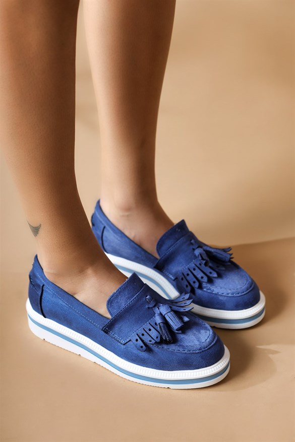 Roxie Mavi Püskül Detaylı Süet Oxford Loafer Ayakkabı
