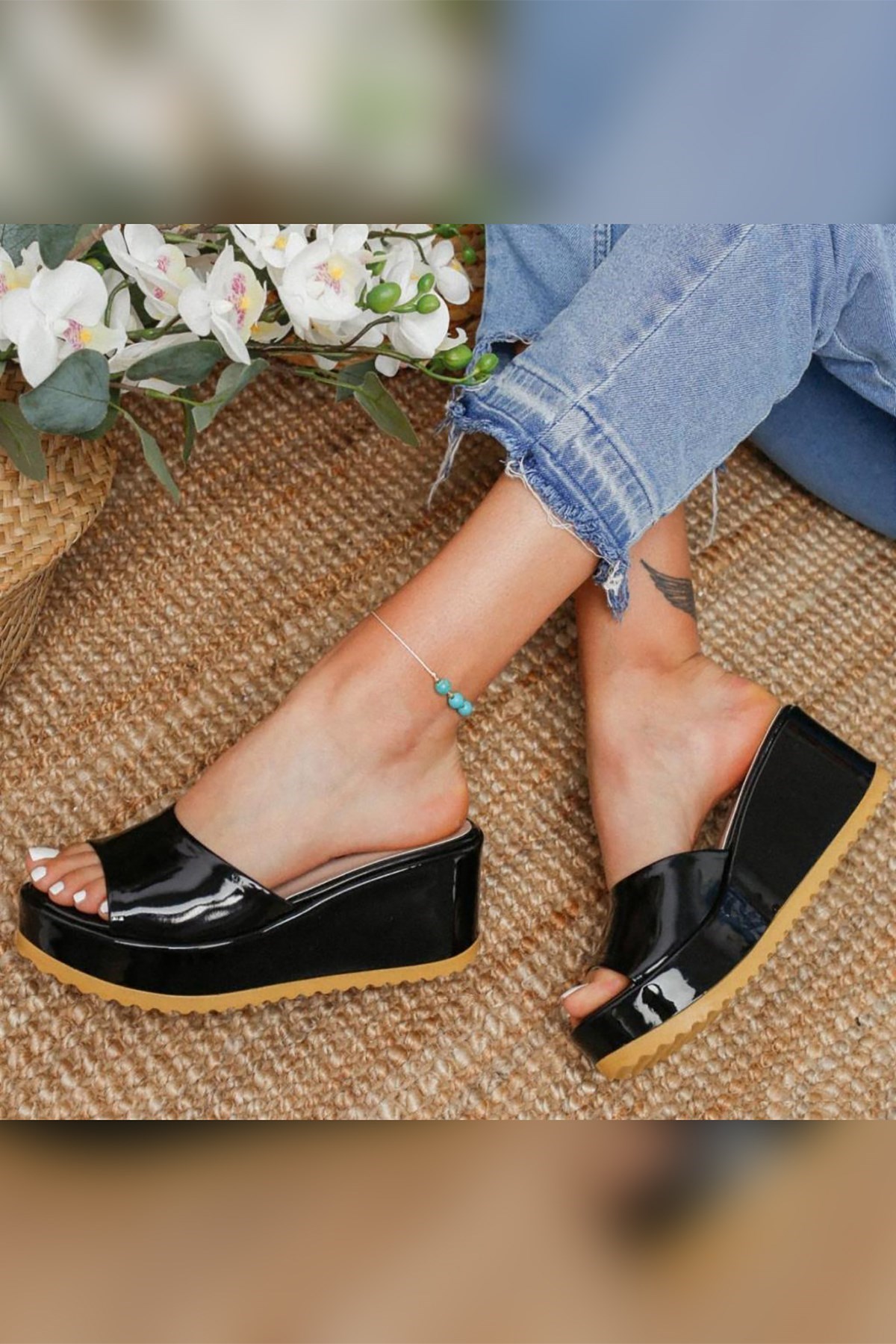 Black Patent Leather Wedge Heel Slippers