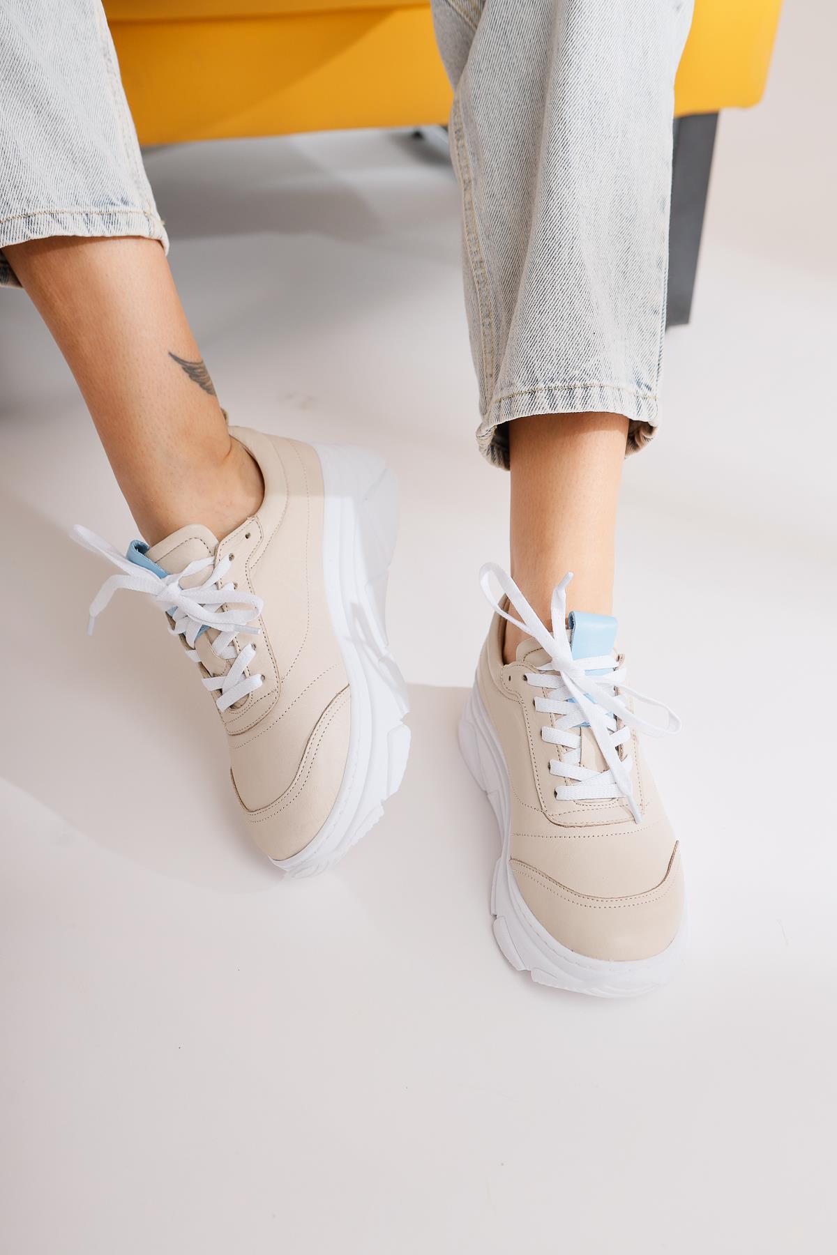 Genuine Leather Chika Beige Nude Sneakers Sports Shoes