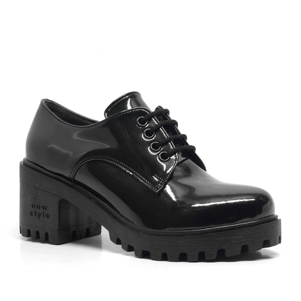 Siyah Rugan Bağcıklı Topuklu Oxford Kadın Ayakkabı B21700-SR