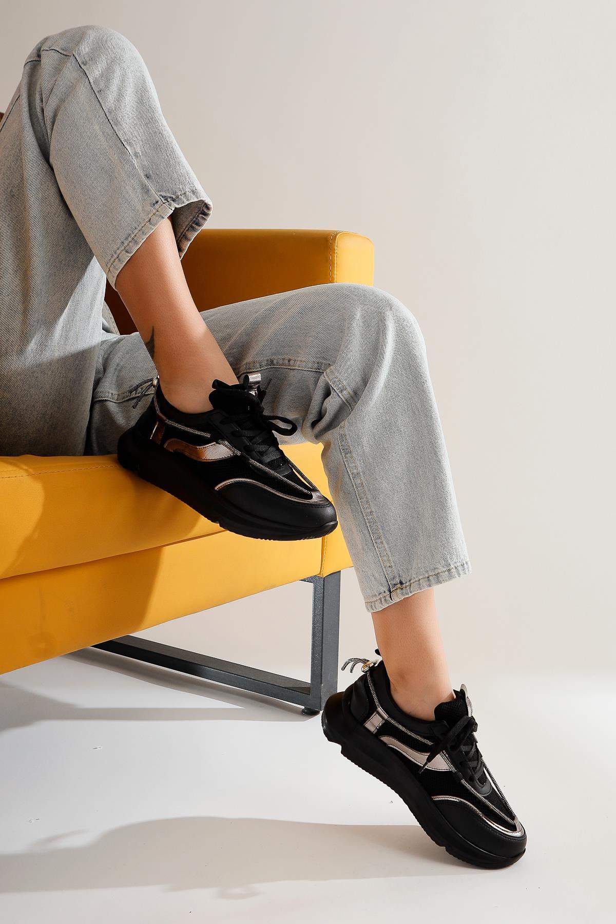 Luann Siyah Taş Detaylı Bağcıklı Kadın Sneakers Spor Kadın Ayakkabı
