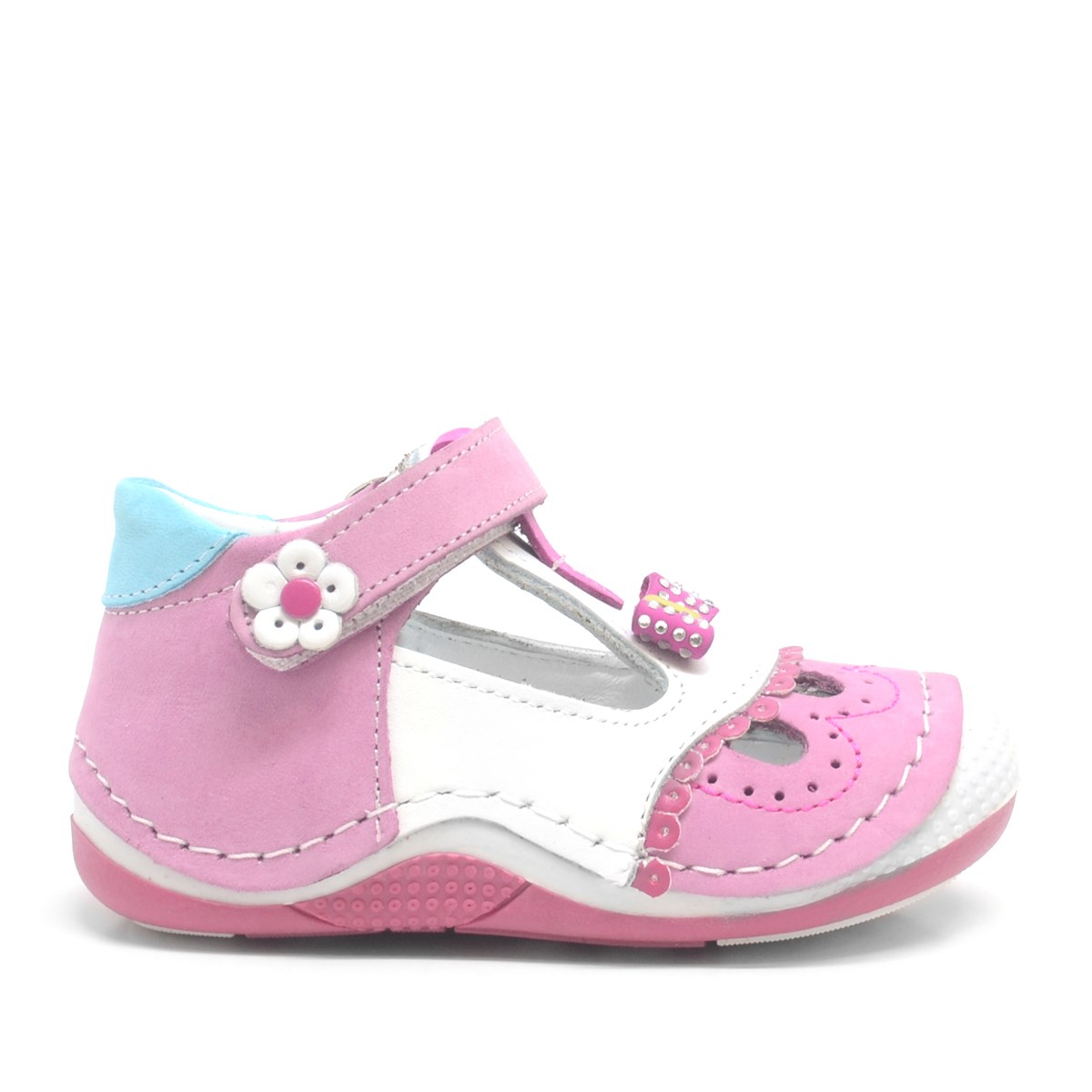 Pembe Hakiki Deri Cırtlı Yazlık Kız Bebek Ayakkabı A411-BP