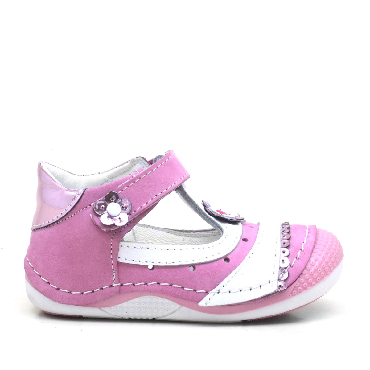 Pembe Pullu Hakiki Deri Yazlık Kız Bebek Ayakkabı A408