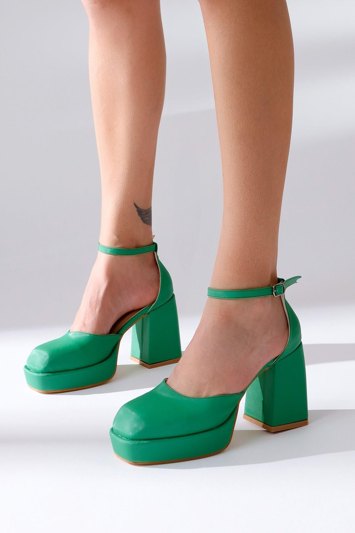 Yeşil Saten Platformlu Yüksek Kalın Topuklu Kadın Ayakkabı