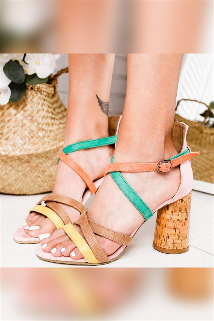 Emmy Pudra Limon Kum Portakal Yeşil Oval Ökçeli Mantar Topuklu Sandalet