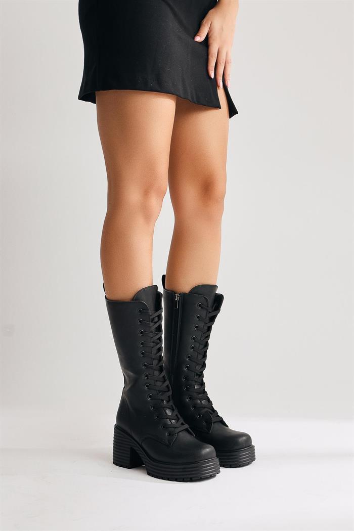 Latoya Black Laced Up Zippered Women Heavy Boots