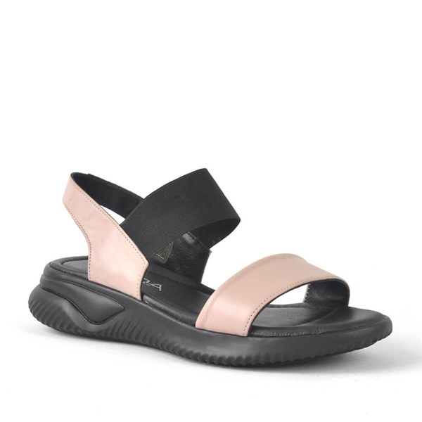 Kadın Terlik & Sandalet Hakiki Deri Siyah Pembe Lastikli Kalın Taban Kadın Sandalet KSA130-SP