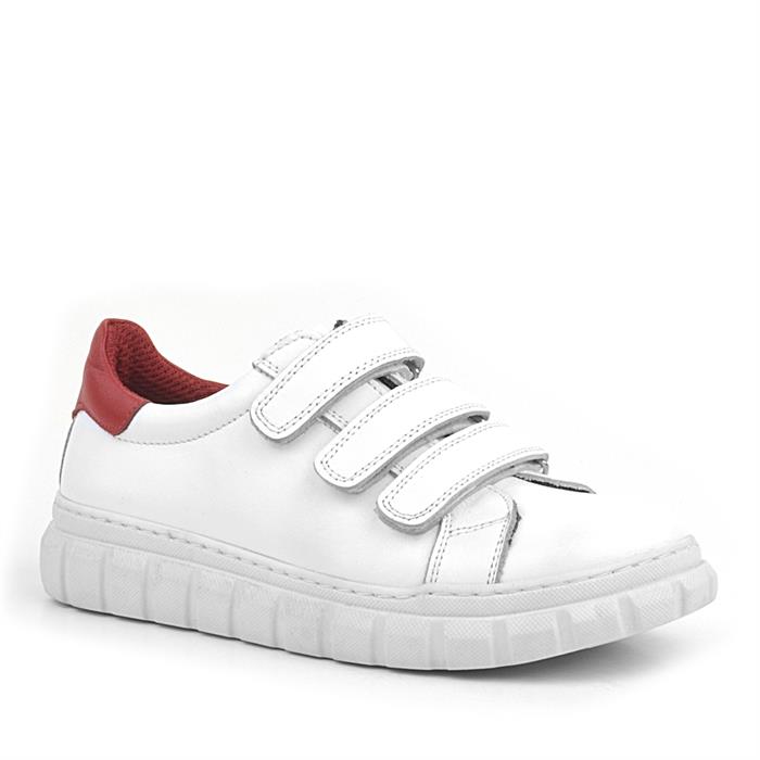 Rakerplus Hakiki Deri Beyaz Kırmızı Cırtlı Çocuk Günlük Spor Okul Ayakkabı